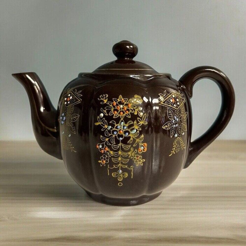 Japanese Brown Betty Ceramic Teapot Ornately Painted Flowers & Vine Japan Made